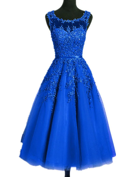 Royal Blue Tulle Tea Length Applique Round Neckline Formal Dress, Blue Wedding Party Dress Turtleneck Neckline Stylish Royal Blue Tulle Tea Length Applique Round Neckline Formal Dress, Blue Wedding Party Dress Turtleneck Neckline Stylish