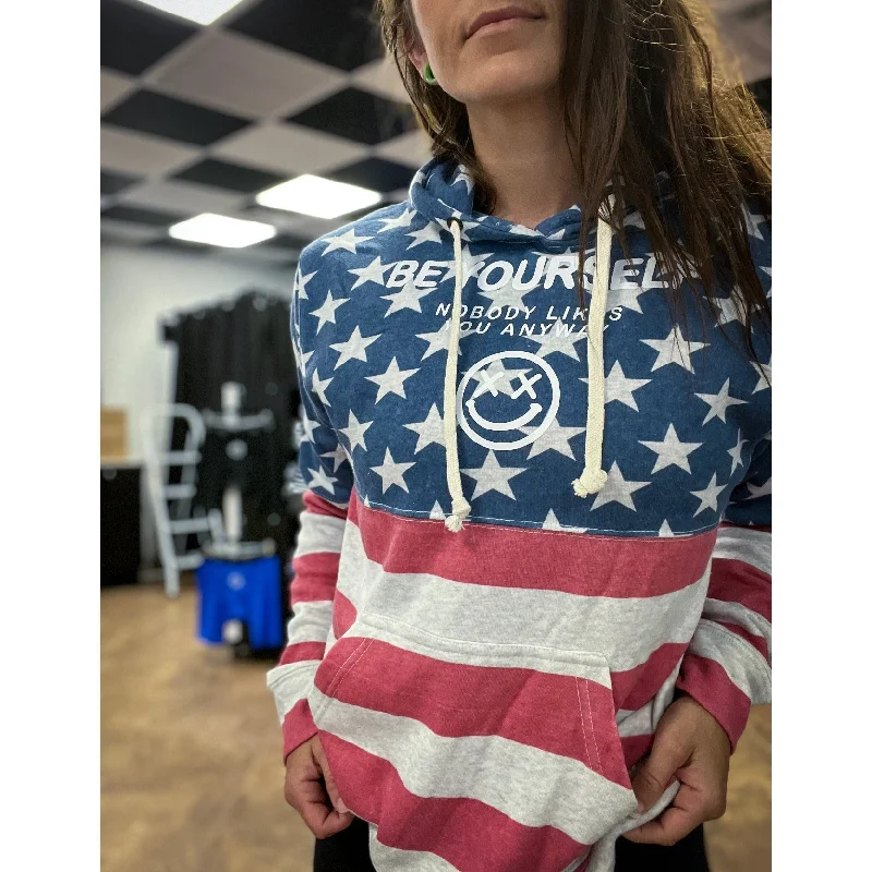 Salty Savage Unisex "BE YOURSELF, NOBODY LIKES YOU ANYWAY" Stars and Stripes Lounge Hoodie | American Flag Hoodie with Side Slits Relaxed Casual Salty Savage Unisex "BE YOURSELF, NOBODY LIKES YOU ANYWAY" Stars and Stripes Lounge Hoodie | American Flag Hoodie with Side Slits Relaxed Casual
