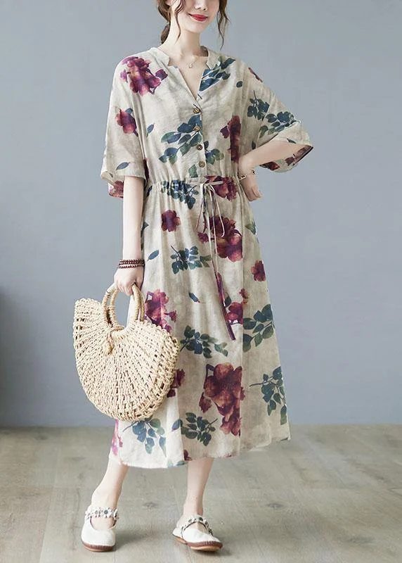 Modern Khaki V Neck Button Summer Tie Waist Party Dresses Half Sleeve Tunics Cozy comfortable