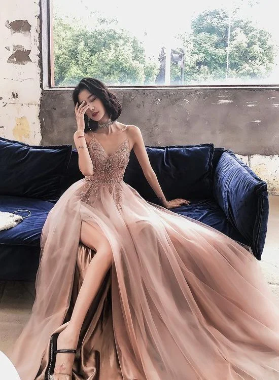Pink A-line Beaded Tulle High Slit Straps Formal Dress, Pink Tulle Party Dress Prom Dress Tunics stripes playful Pink A-line Beaded Tulle High Slit Straps Formal Dress, Pink Tulle Party Dress Prom Dress Tunics stripes playful