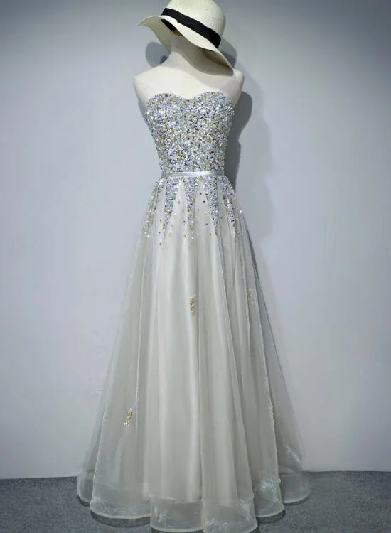 Beautiful Grey Tulle Beaded Sparkle Lace-up Evening Dresses, Party Dress, Long Formal Dresses Tunics Floral girly Beautiful Grey Tulle Beaded Sparkle Lace-up Evening Dresses, Party Dress, Long Formal Dresses Tunics Floral girly