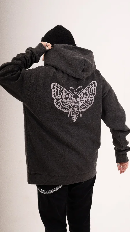 Zip Faded Death Moth Hoodie - Black Hoodie with Emblem Brand Identity