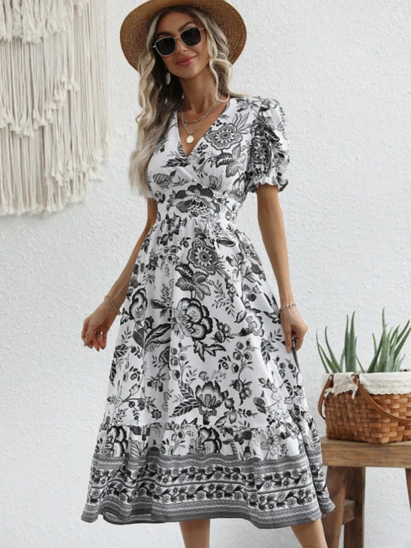 All-over positioning print printed puff-sleeved maxi-neck dress Tunics Modern contemporary