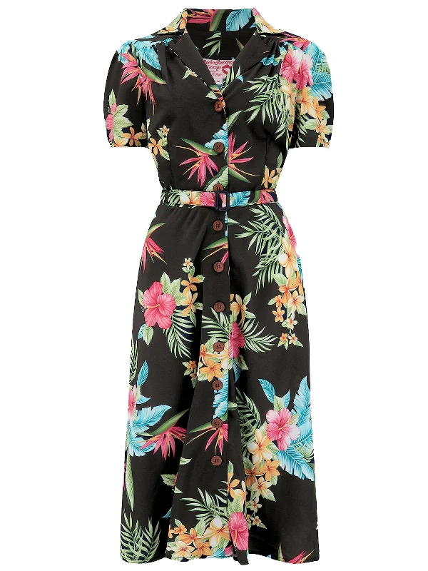 Vintage Style Black Tropical Print Shirtwaister Dress Tunics Trousers formal