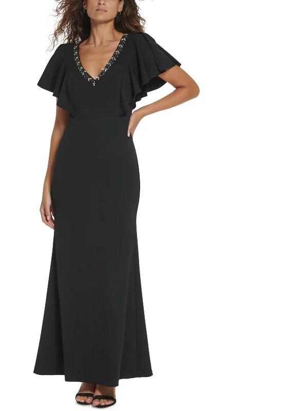 Womens Beaded V-Neck Evening Dress Cowl Neckline Elegant