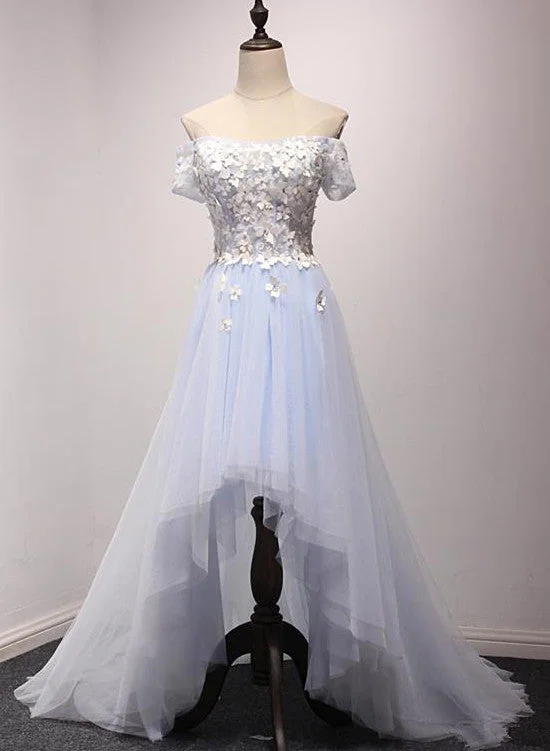 Light Blue Off Shoulder Flowers High Low Party Dress, Tulle Formal Dress Prom Dress Mermaid Tail Wedding Light Blue Off Shoulder Flowers High Low Party Dress, Tulle Formal Dress Prom Dress Mermaid Tail Wedding