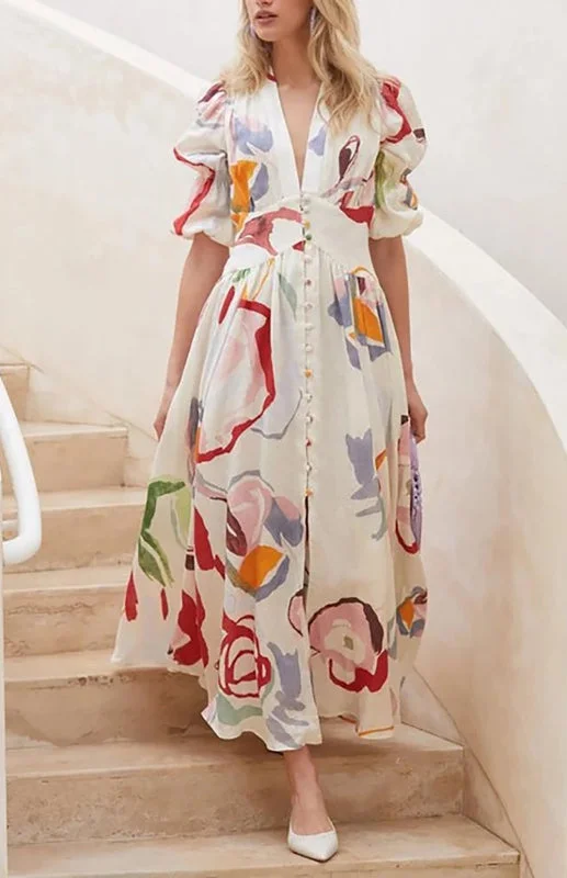 V-neck Slim Fit Chiffon Print Maxi Beach Dress Tunics Vintage classic
