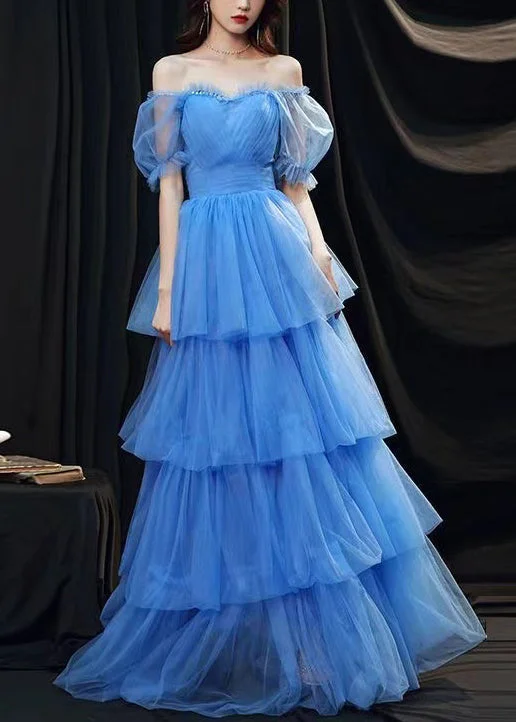 Classy Blue Ruffled Layered Patchwork Tulle Party Dresses Summer Satin Halter Glamorous Classy Blue Ruffled Layered Patchwork Tulle Party Dresses Summer Satin Halter Glamorous