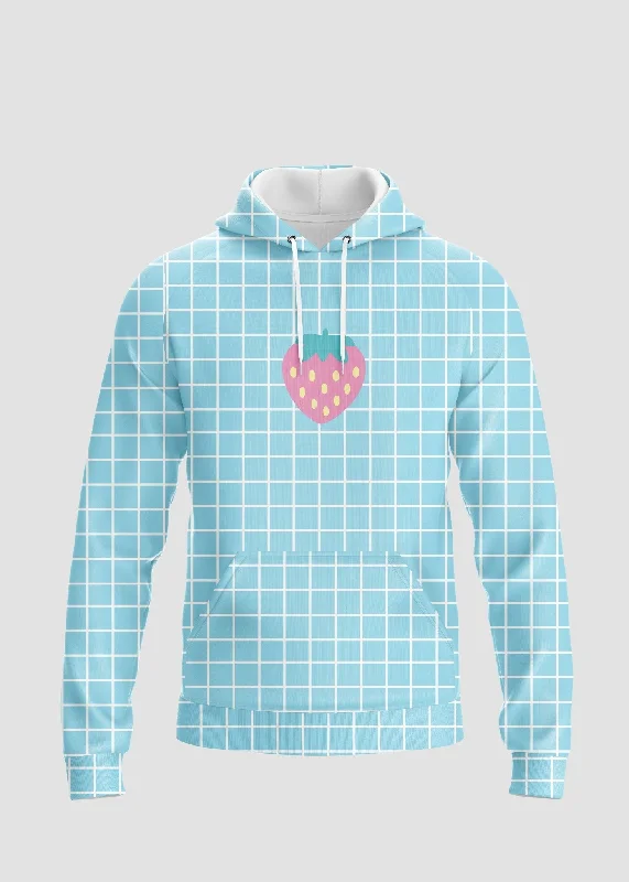 Blue Strawberry Grid Graphic Hoodie Hoodie with Button Classic Timeless