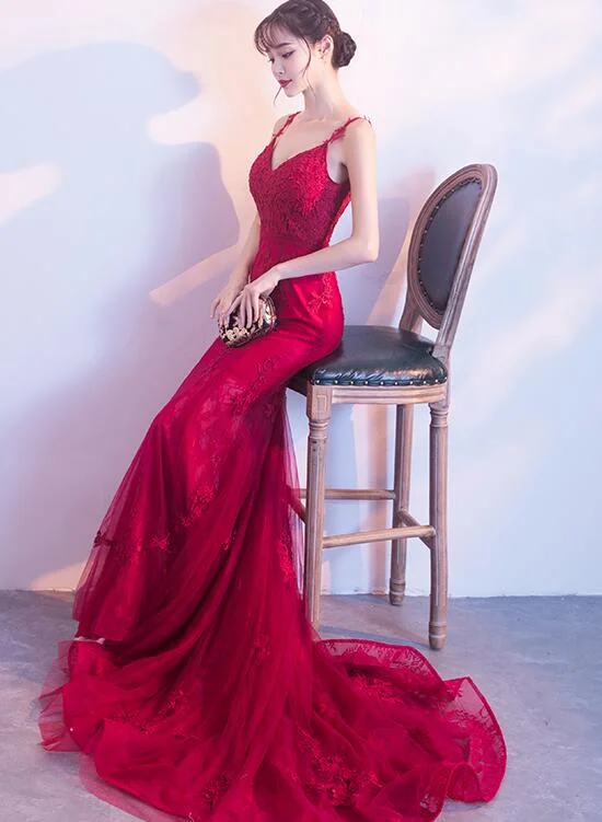 Wine Red Mermaid Tulle with Lace Applique Low Back Party Dress, Dark Red Evening Dresses Tunics Handmade artisanal Wine Red Mermaid Tulle with Lace Applique Low Back Party Dress, Dark Red Evening Dresses Tunics Handmade artisanal
