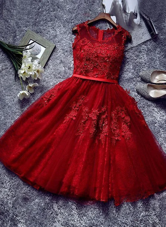Adorable Tulle Round Neckline Tulle Party Dress with Applique, Wine Red Prom Dress Tunics Short Trendy Adorable Tulle Round Neckline Tulle Party Dress with Applique, Wine Red Prom Dress Tunics Short Trendy