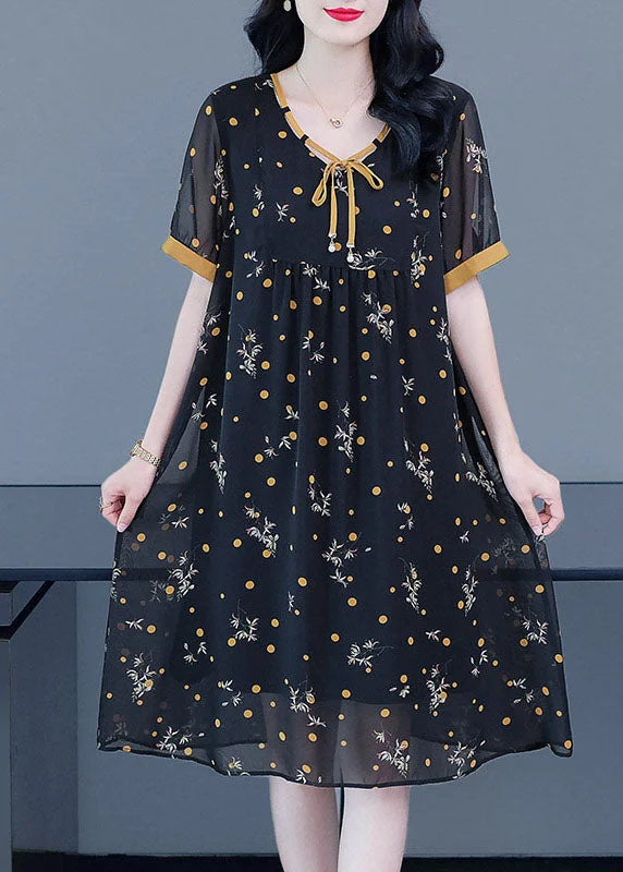Fashion Black Lace Up Wrinkled Patchwork Print Chiffon Party Dress Short Sleeve Tunics Sophisticated sleek Fashion Black Lace Up Wrinkled Patchwork Print Chiffon Party Dress Short Sleeve Tunics Sophisticated sleek