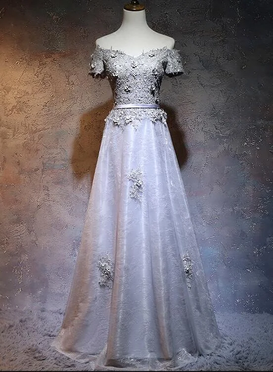 Charming Grey Lace A-line Long Bridesmaid Dress, Grey Party Dress Tunics Short Trendy Charming Grey Lace A-line Long Bridesmaid Dress, Grey Party Dress Tunics Short Trendy