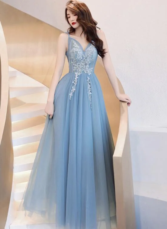 Charming Blue V-neckline Tulle Party Dress with Staps, Long Prom Dress Tunics stripes playful Charming Blue V-neckline Tulle Party Dress with Staps, Long Prom Dress Tunics stripes playful