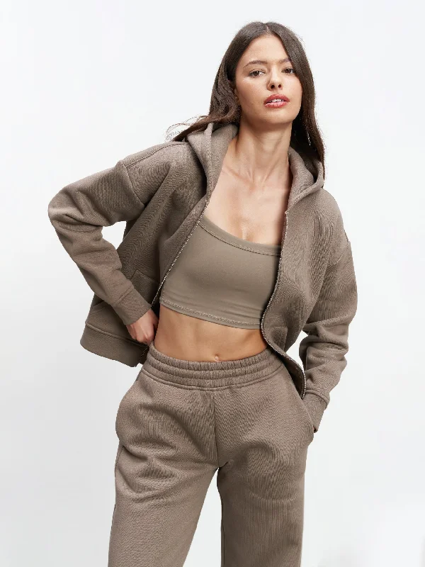 Womens Relaxed Zip Hoodie in Taupe Hoodie with Neon Bright Vibrant