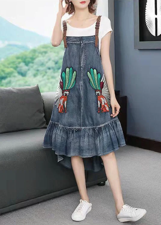Fashion Blue low high design Embroideried Spaghetti Strap Party Dress Sleeveless Tunics Fashionable trendy Fashion Blue low high design Embroideried Spaghetti Strap Party Dress Sleeveless Tunics Fashionable trendy