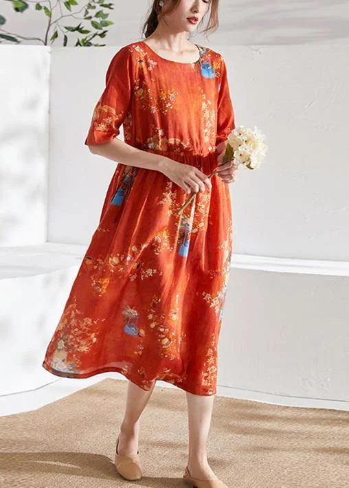 Style Orange Print O-Neck tie Waist Summer Ramie Party Dress Half Sleeve Pleated Skirt Elegant