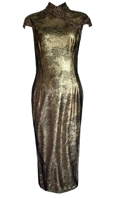Lopez Knudson Bespoke Gold Lamé and Black Lace Cheongsam-Inspired Cocktail Dress Tunics Satin smooth