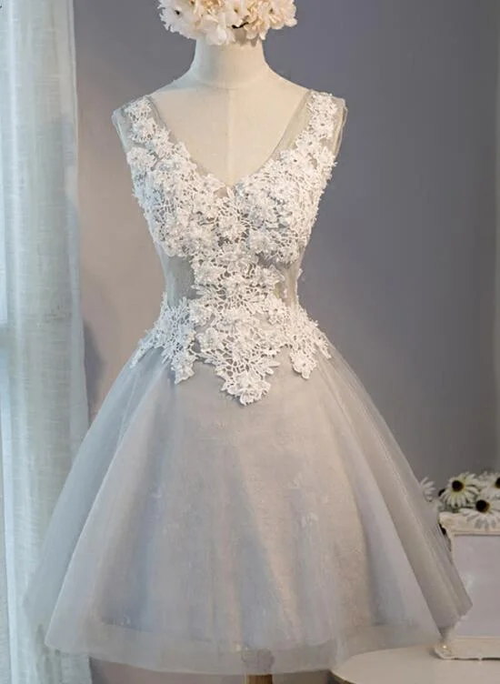 Light Grey Knee Length Tulle and Lace Party Dress, Grey Homecoming Dresses Turtleneck Warm Winter Light Grey Knee Length Tulle and Lace Party Dress, Grey Homecoming Dresses Turtleneck Warm Winter