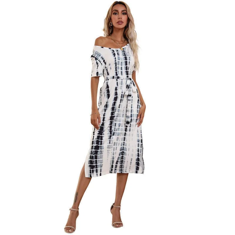 Short Sleeve Tie Dye Print Slim Fit European Dress Tunics Silk luxurious
