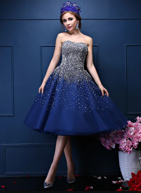 Navy Blue Sequins Sweetheart Tulle Knee Length Party Dresses, Blue Homecoming Dresses Tunics Chic fashionable Navy Blue Sequins Sweetheart Tulle Knee Length Party Dresses, Blue Homecoming Dresses Tunics Chic fashionable