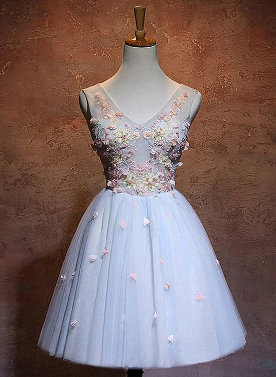 Blue Flowers A-line Short Tulle Wedding Party Dress, Blue Homecoming Dress Halter Neckline Beach Blue Flowers A-line Short Tulle Wedding Party Dress, Blue Homecoming Dress Halter Neckline Beach
