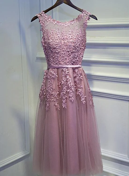 Lovely Dark Pink Beaded and Applique Cute Tea Length Tulle Formal Dress, O-neckline Party Dress Tunics Canvas sturdy Lovely Dark Pink Beaded and Applique Cute Tea Length Tulle Formal Dress, O-neckline Party Dress Tunics Canvas sturdy