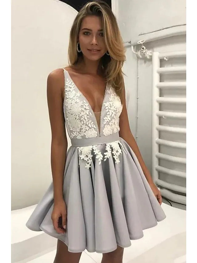 Cocktail Dresses Party Dress Graduation Sleeveless V Neck Satin Backless with Beading Appliques Tunics Distressed trendy Cocktail Dresses Party Dress Graduation Sleeveless V Neck Satin Backless with Beading Appliques Tunics Distressed trendy