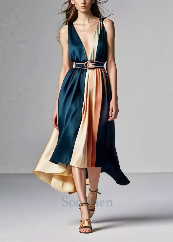 Chic Blackish Green Cinched Patchwork Silk Party Dress Summer Tunics Evening elegant Chic Blackish Green Cinched Patchwork Silk Party Dress Summer Tunics Evening elegant