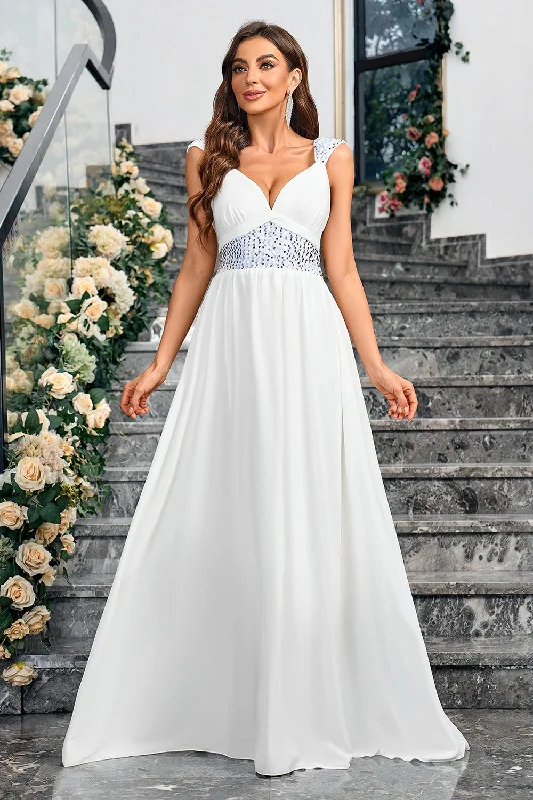 White A Line Spaghetti Straps Sequin Long Party Dress Tunics Chic fashionable
