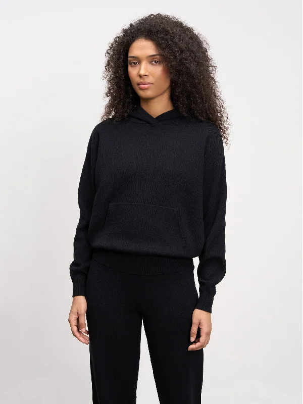 Womens Chunky Knitted Hoodie in Black Hoodie with Bell Sleeves Flared Feminine