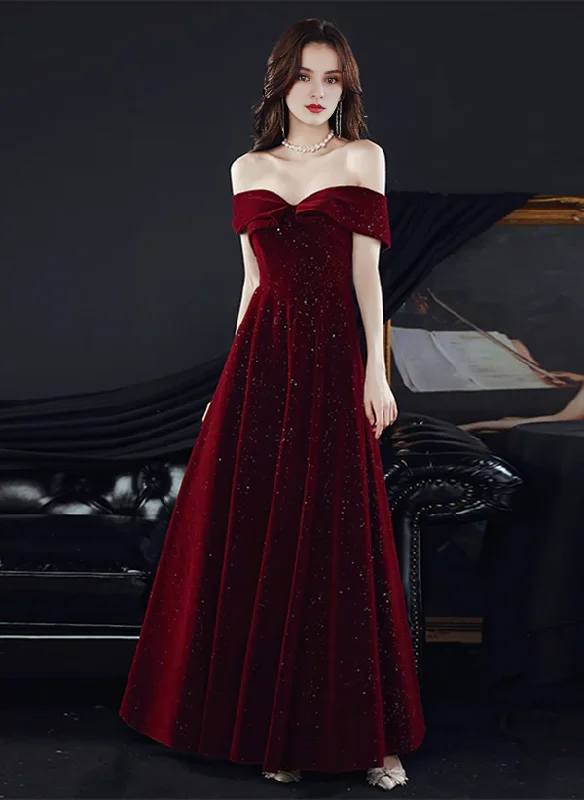 Sparkling Red Velvet Off Shoulder Long Party Dress A-line Prom Dress Evening Dress Tunics Satin smooth Sparkling Red Velvet Off Shoulder Long Party Dress A-line Prom Dress Evening Dress Tunics Satin smooth