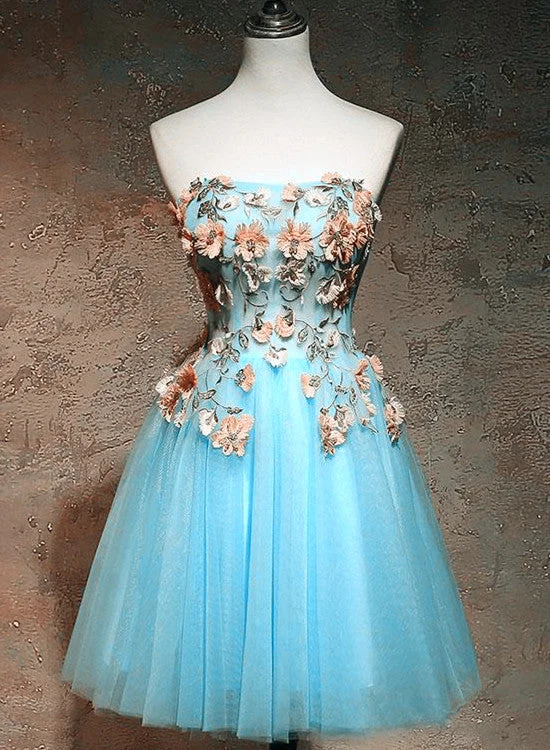 Light Blue Flowers Cute Tulle Knee Length Party Dress, Blue Floral Homecoming Dress Prom Dress Tunics Luxurious high-end Light Blue Flowers Cute Tulle Knee Length Party Dress, Blue Floral Homecoming Dress Prom Dress Tunics Luxurious high-end