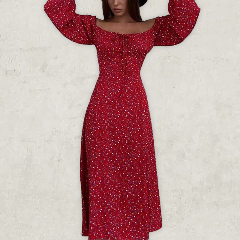 Spring Print French Floral Backless Slim Strap Slit Dress Tunics Practical easy-care
