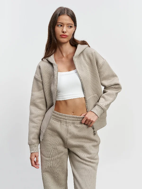 Womens Relaxed Zip Hoodie in Stone Hoodie with Pastel Soft Subtle