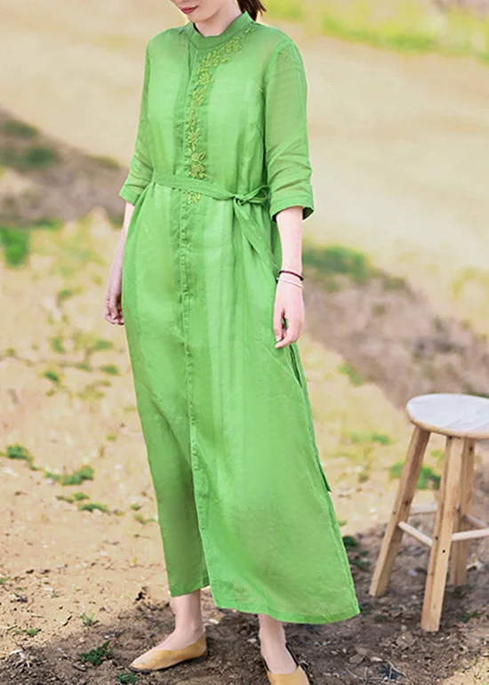 Fine Green Stand Collar tie waist Embroideried Linen Party Dress Half Sleeve Lace Sexy Club Fine Green Stand Collar tie waist Embroideried Linen Party Dress Half Sleeve Lace Sexy Club