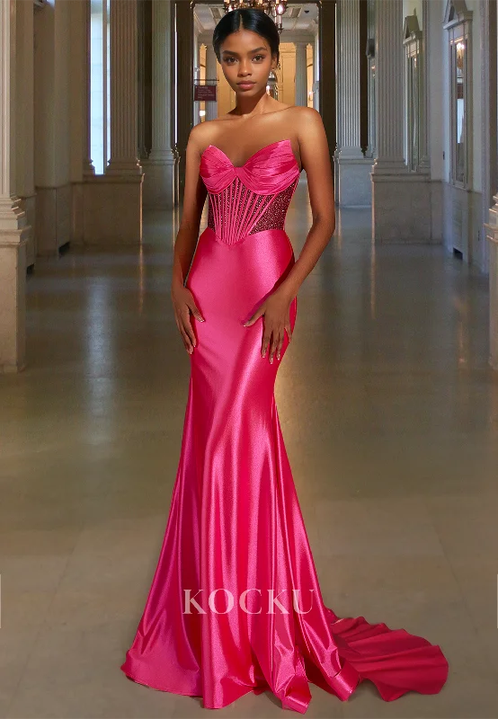 Beaded Sweetheart Mermaid Sleeveless Stripe Satin Prom Party Dress with Train Tunics Versatile functional Beaded Sweetheart Mermaid Sleeveless Stripe Satin Prom Party Dress with Train Tunics Versatile functional