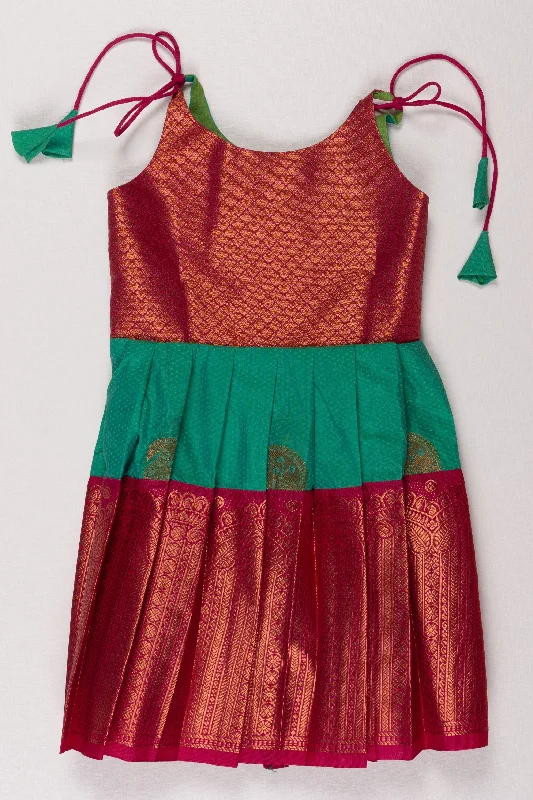Vibrant Green & Magenta Silk Party Dress - Exquisite Brocade Design Crew Neckline Casual Vibrant Green & Magenta Silk Party Dress - Exquisite Brocade Design Crew Neckline Casual