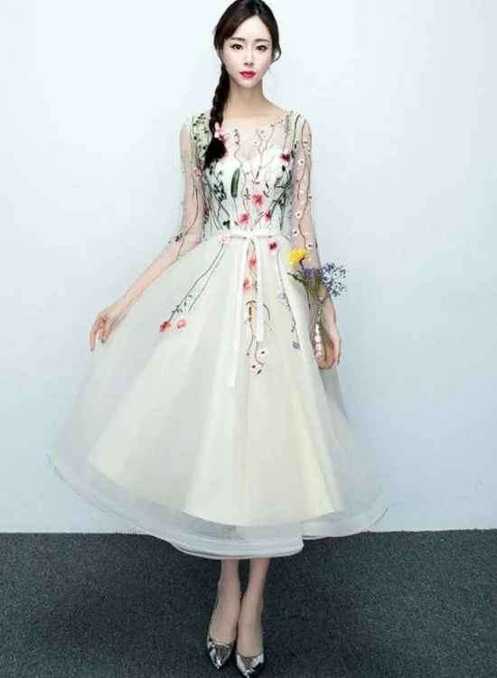 Light Champagne Tea Length Floral Lace Formal Dress Bridesmaid Dress, Cute Short Party Dresses Tunics Favorite customer Light Champagne Tea Length Floral Lace Formal Dress Bridesmaid Dress, Cute Short Party Dresses Tunics Favorite customer