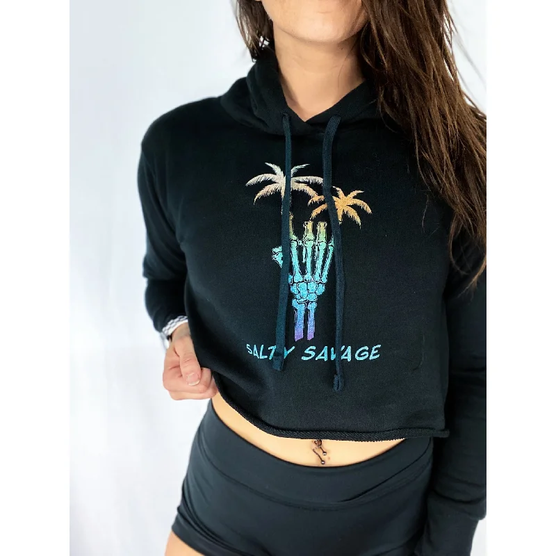 Salty Savage Ladies "Rock On" Gradient Cropped Hooded Sweatshirt | Black/Gradient Hoodie with Frayed Bohemian Relaxed Salty Savage Ladies "Rock On" Gradient Cropped Hooded Sweatshirt | Black/Gradient Hoodie with Frayed Bohemian Relaxed