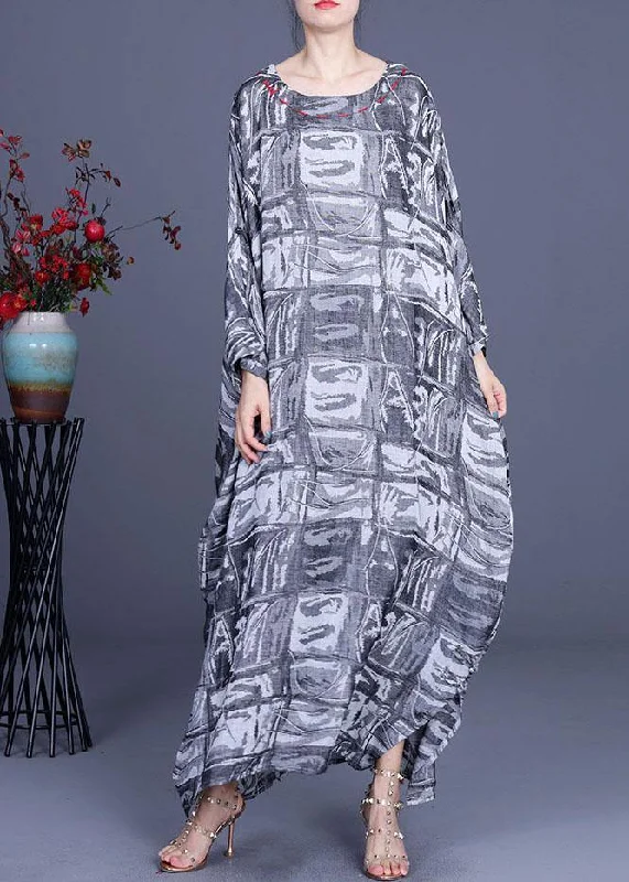 French Grey Print Cotton Linen Side open Party Dress Summer Tunics Cozy soft