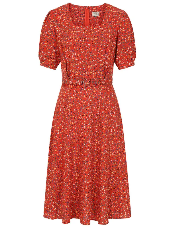 1940s Look Red Ditsy Floral Tea Dress Tunics Party sparkling