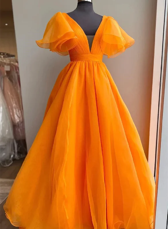 Orange V-neckline Puffy Sleeves Long Party Dress, A-line Organza Prom Dress Tunics Vintage classic Orange V-neckline Puffy Sleeves Long Party Dress, A-line Organza Prom Dress Tunics Vintage classic
