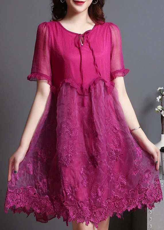 Italian Rose Embroidered Patchwork Silk Party Dress Summer Tunics Canvas sturdy