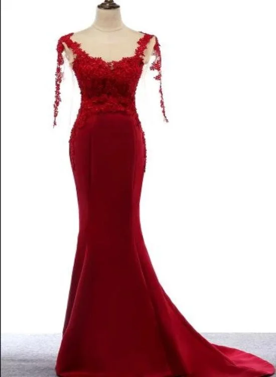 Beautiful Wine Red Mermaid Long Party Dress, Dark Red Lace Formal Dress Tunics Solid Classic
