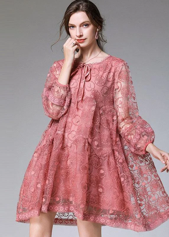 Classy Pink Fashion Spring Lace Party Dress Long Sleeve Tunics Stylish elegant