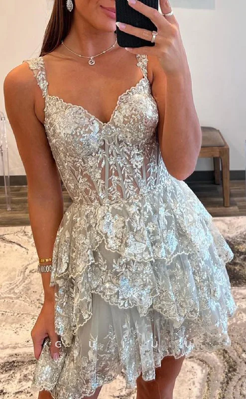 GH829 - Chic & Modern Spaghetti Straps Lace Applique Ball Gown Homecoming Party Dress Tunics Gym athletic