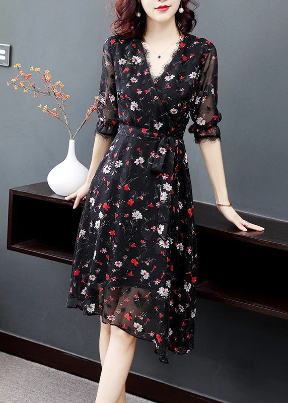 Elegant Black V Neck tie waist Print Chiffon Party Dress Half Sleeve Chiffon Maxi Beach Elegant Black V Neck tie waist Print Chiffon Party Dress Half Sleeve Chiffon Maxi Beach