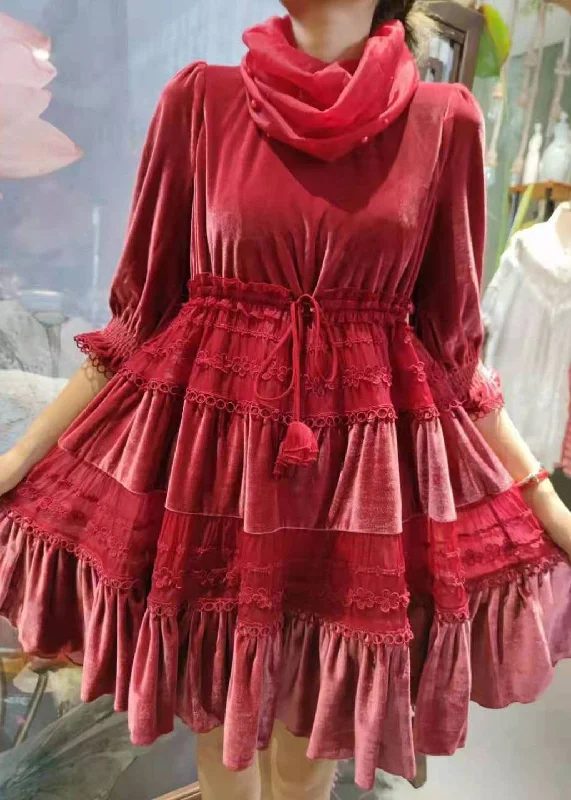 Fitted Red ?Cinched Patchwork Velour Party Dress Spring Tunics Handmade artisanal