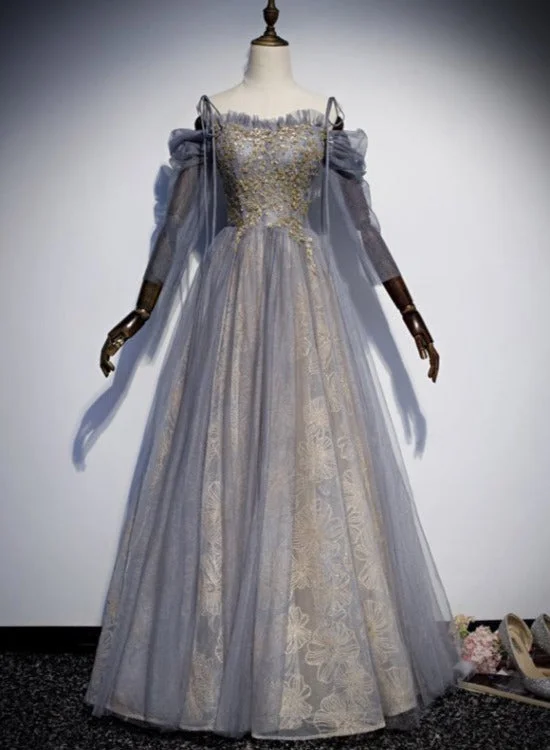 Chic Grey with Gold Lace Off Shoulder Long Evening Dress, Grey Floor Length Party Dress Tunics Winter warm Chic Grey with Gold Lace Off Shoulder Long Evening Dress, Grey Floor Length Party Dress Tunics Winter warm